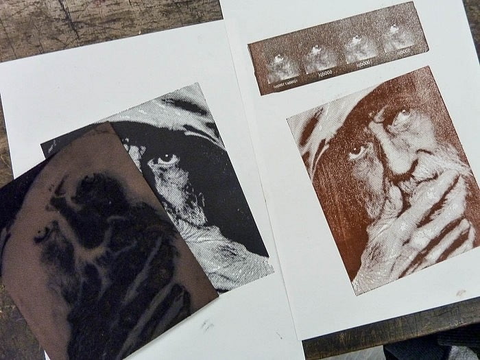Sheet of laser engraved linoleum and resulting prints