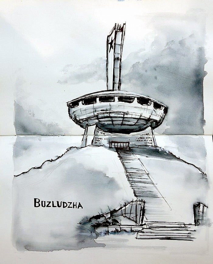 Drawing of the Buzludzha monument, mountains in Central Bulgaria