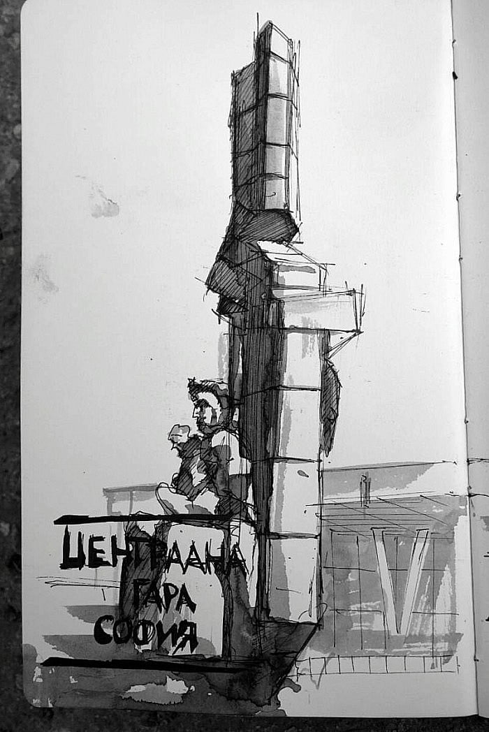 Drawing of the monument at the Train station in Sofia, Bulgaria