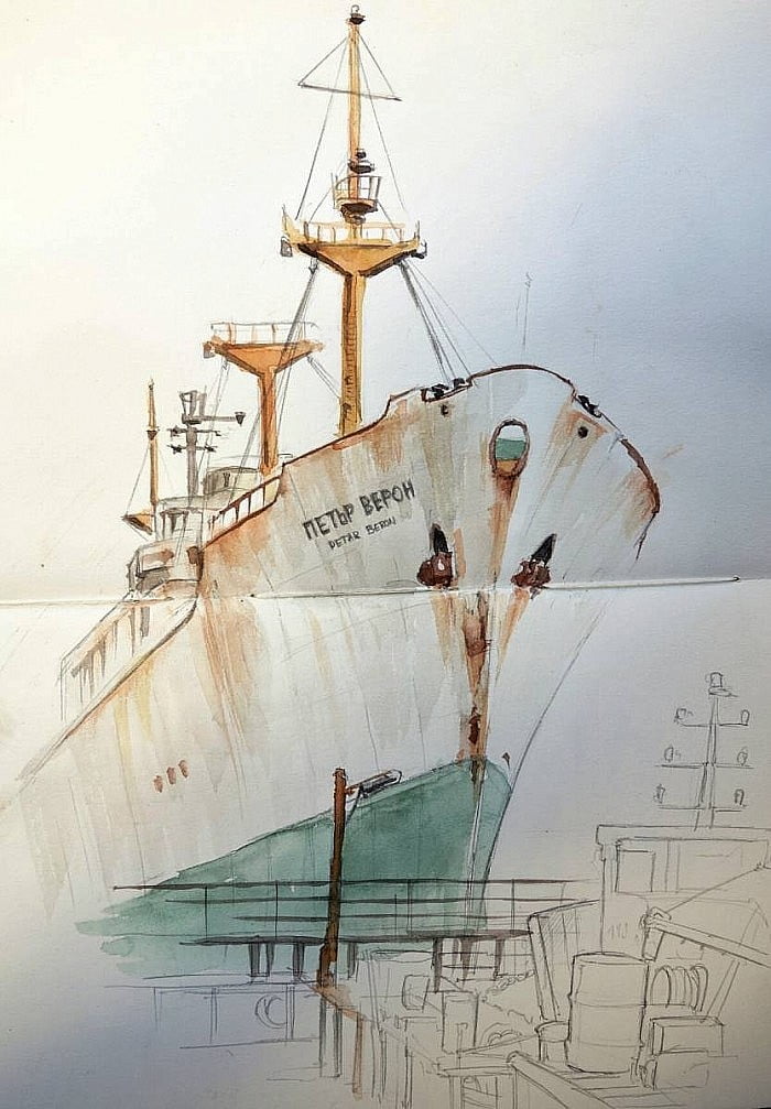 Drawing of the ship Peter Beron in the port of Varna