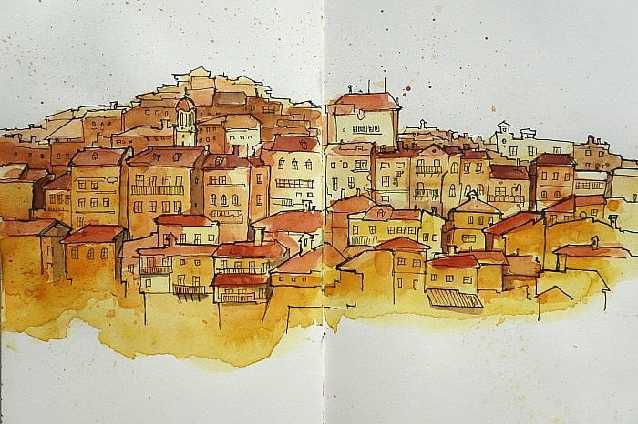 Drawing of houses on the hill in Veliko Tarnovo, Bulgaria