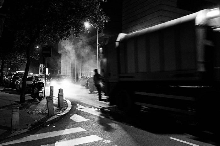 Cleaning the streets at night, 9pm, Belgrade, Serbia