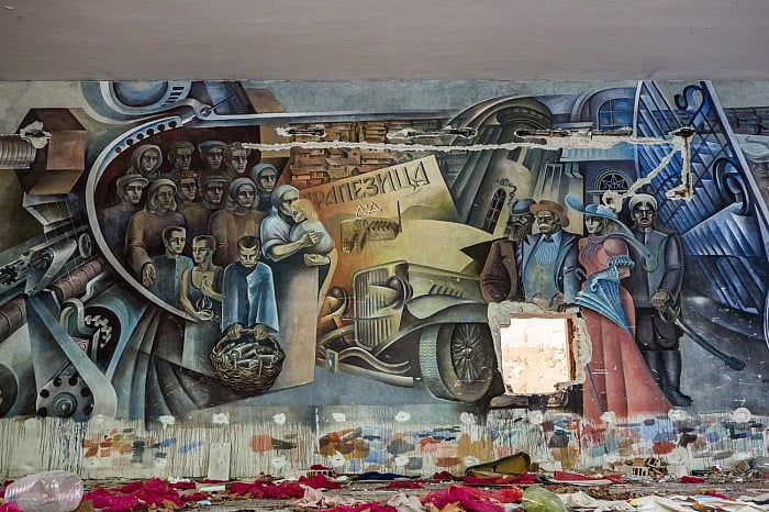 Mural on wall in main hall, textile factory in Veliko Tarnovo, Bulgaria
