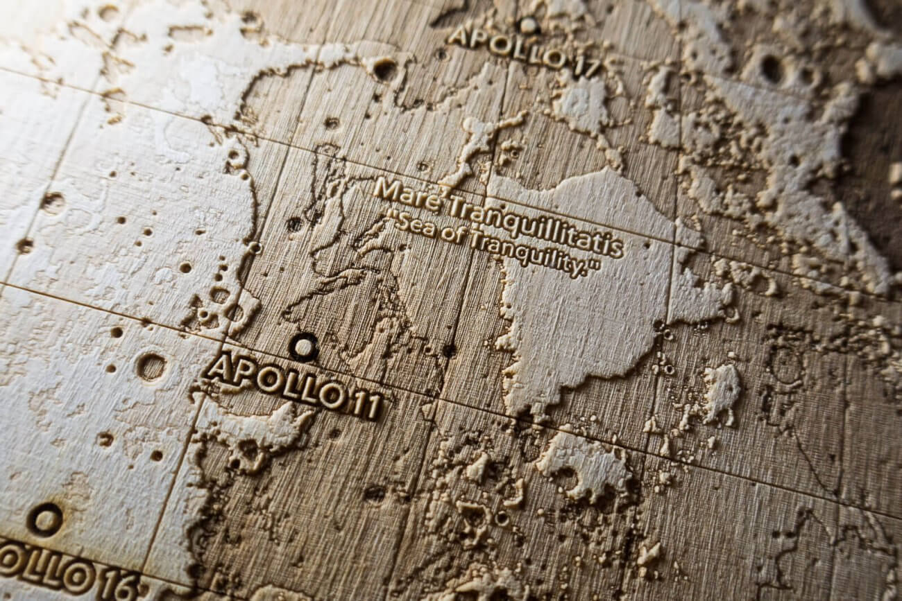 Apollo 11 Landing Site - Topographic map of the Moon – Laser engraving in wood by Robin Hanhart
